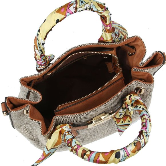 Linen with scarf Handle handbag in Coffee - Picture 4 of 5